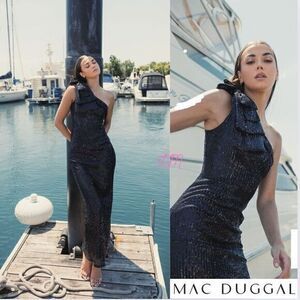 NWT Mac Duggal 11283‎ Sequined Bow One Shoulder Column Gown Size 2 Black